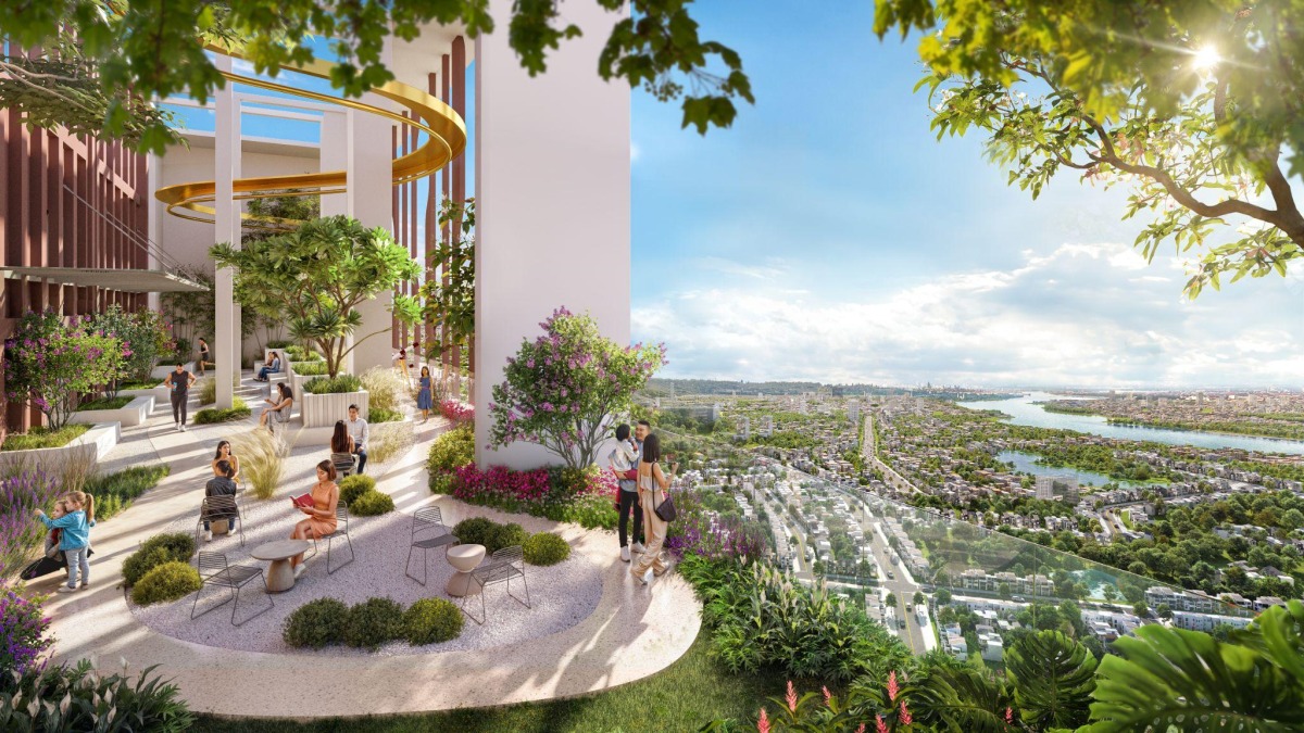 123 Khu sân thượng xanh với người thư giãn, cây cối và tầm nhìn toàn cảnh thành phố từ trên cao.