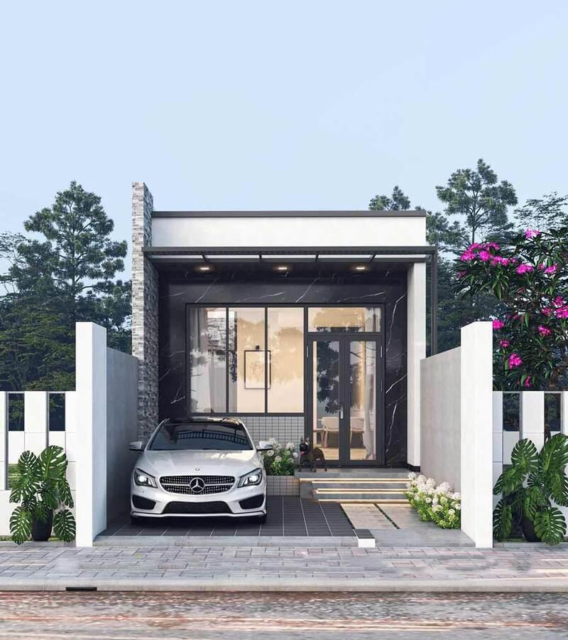 Ngôi nhà một tầng phong cách hiện đại, có ô tô đỗ trước cổng, bao quanh bởi cây xanh, thiết kế tối giản và sang trọng.