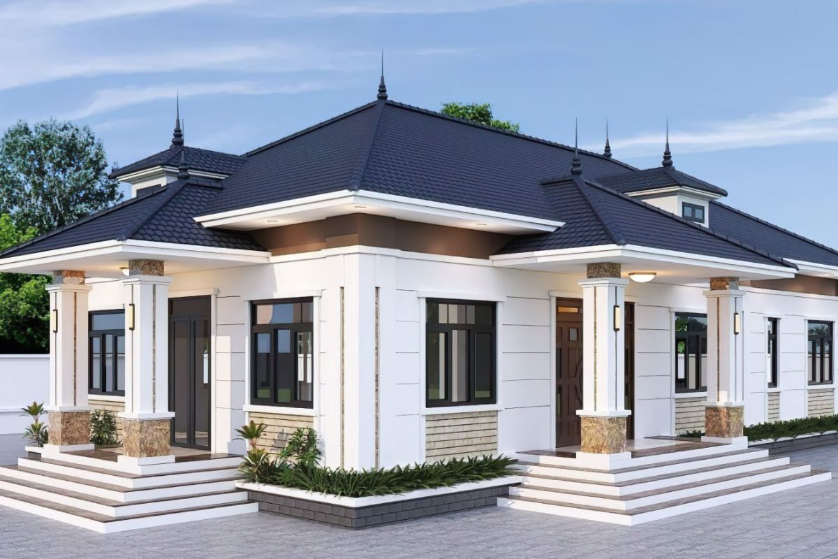 13-2-1 Biệt thự một tầng hiện đại với mái ngói xanh đen và cột lớn, thiết kế sang trọng và cảnh quan cây xanh.