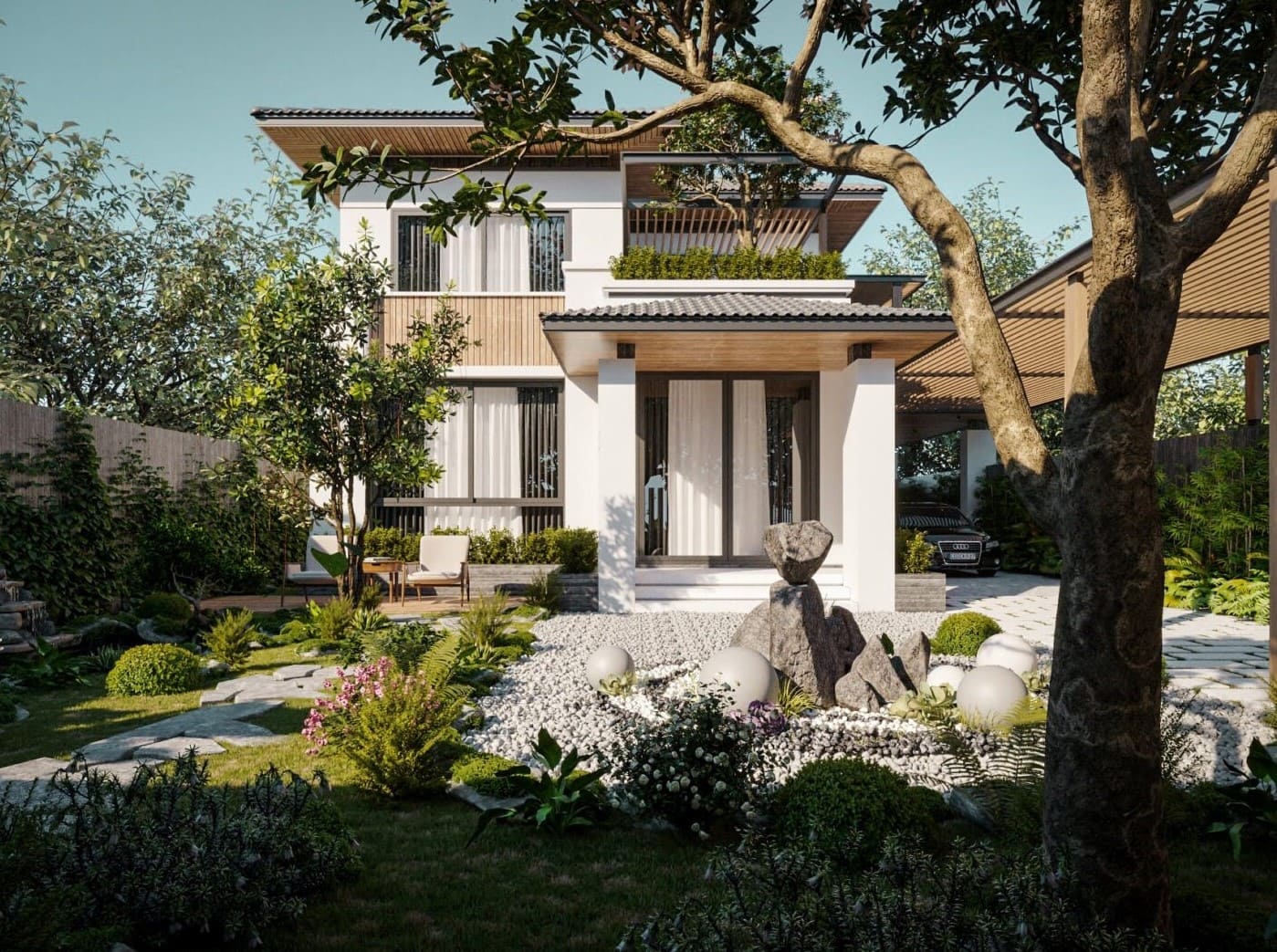 Ngôi nhà hiện đại hai tầng hòa hợp với thiên nhiên qua sân vườn xanh mát.