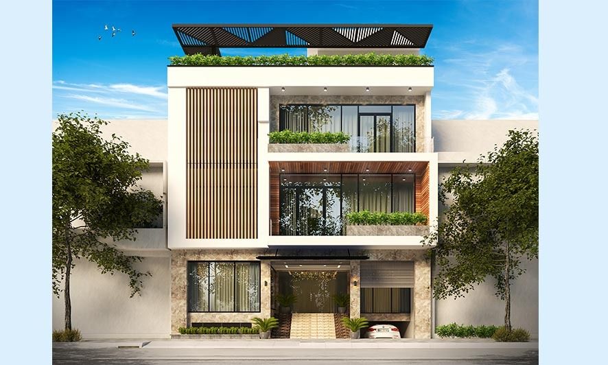 Nhà phố hiện đại ba tầng với thiết kế cửa kính và cây xanh, nổi bật trên nền trời xanh trong lành.