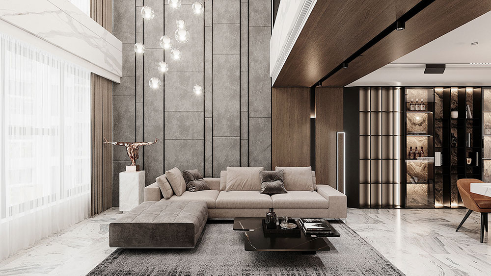 Phòng khách tinh tế với bộ sofa màu be, đèn treo hiện đại và kệ rượu sang chảnh, nổi bật trên nền sàn đá cẩm thạch.