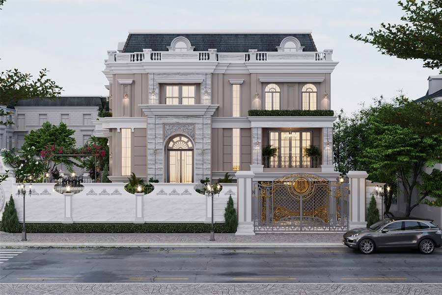Biệt thự sang trọng mang kiểu dáng tân cổ điển, cổng sắt họa tiết, bao quanh bởi cây cối xanh tươi.