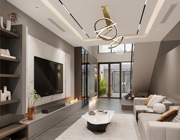 Phòng khách sang trọng với đèn chùm hiện đại, sofa xám, và TV màn hình phẳng.