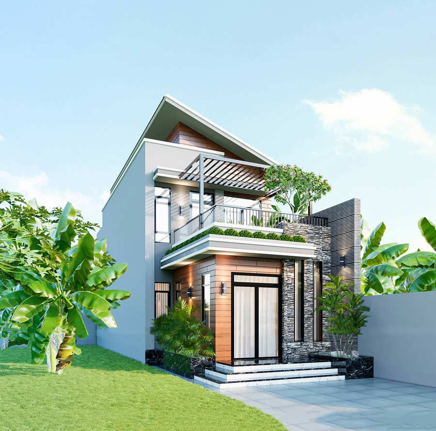 Nhà hiện đại mặt tiền xanh, thiết kế 2 tầng với sân vườn xanh tươi và cây chuối bên cạnh.