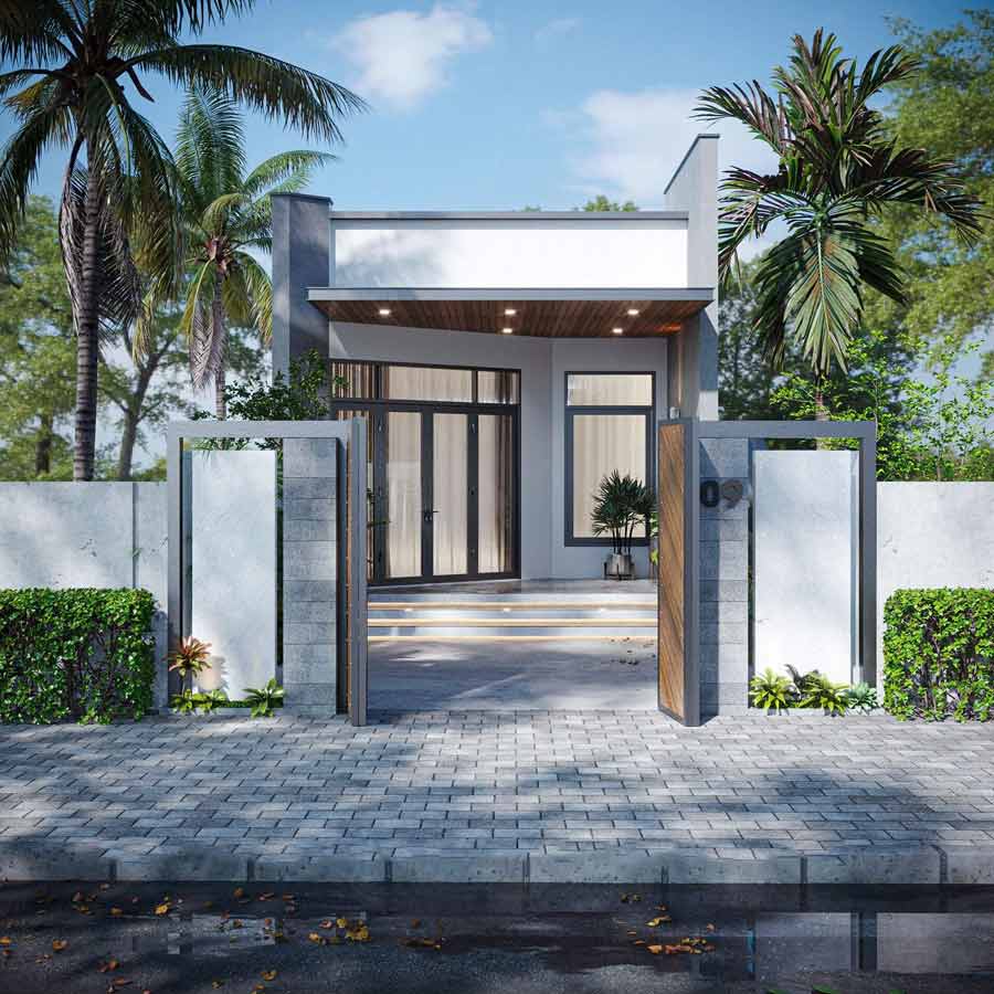 Nhà phố một tầng thiết kế hiện đại, cổng mở, có cây xanh bao quanh và bầu trời xanh bát ngát.