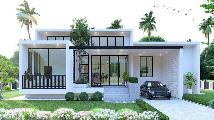 Nhà hiện đại với cửa kính lớn, sân vườn xanh tươi, xe hơi đỗ bên cạnh, cây cọ và chim bay ở hậu cảnh.