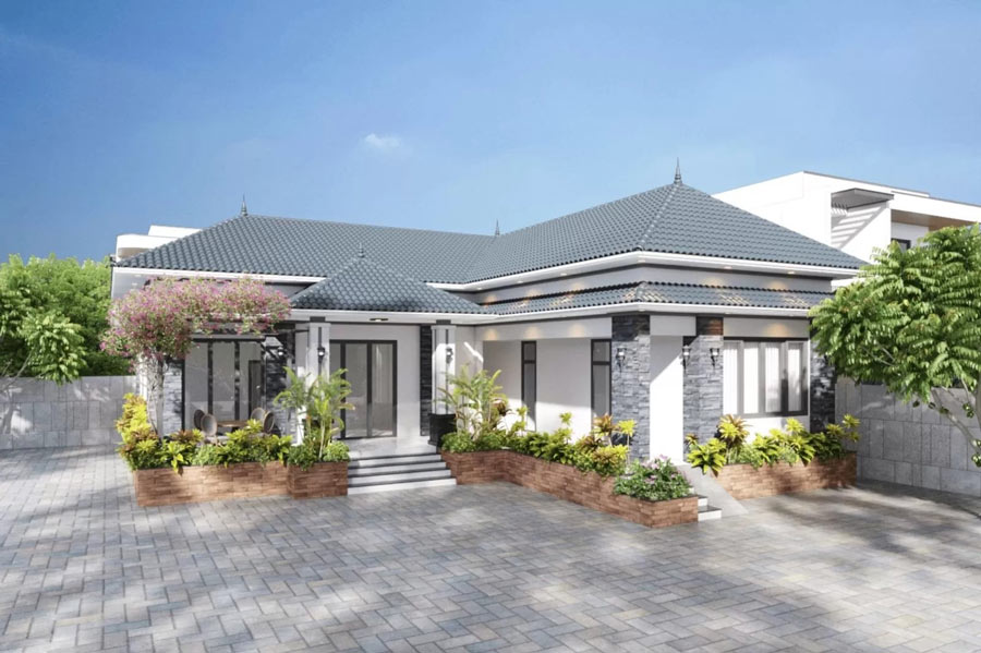 Biệt thự sân vườn hiện đại với mái nghiêng, cây xanh và sân thoáng đãng dưới bầu trời xanh.