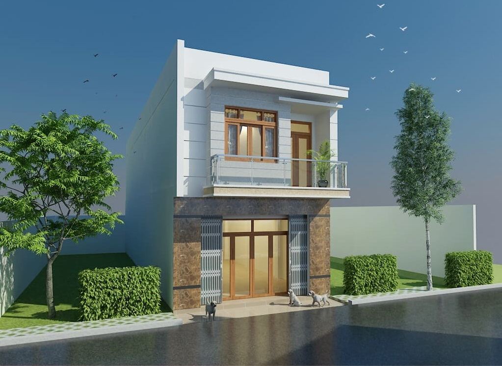 Ngôi nhà hai tầng hiện đại với mặt tiền kính, cây xanh xung quanh, trời trong xanh.