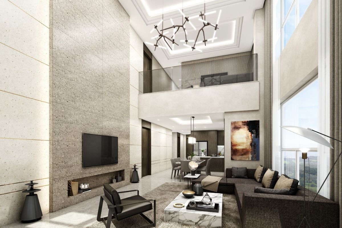 Không gian phòng khách hiện đại với trần cao, đèn chùm nghệ thuật, bàn trà cẩm thạch và sofa góc lớn.