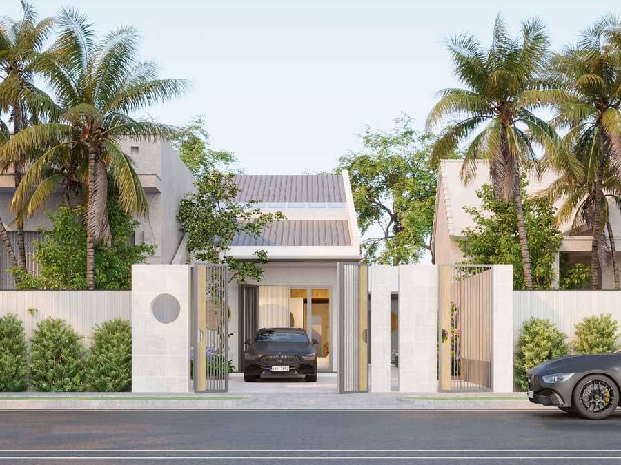 Ngôi nhà hiện đại nổi bật với cổng lớn, cây xanh và ô tô, dưới bầu trời quang đãng.