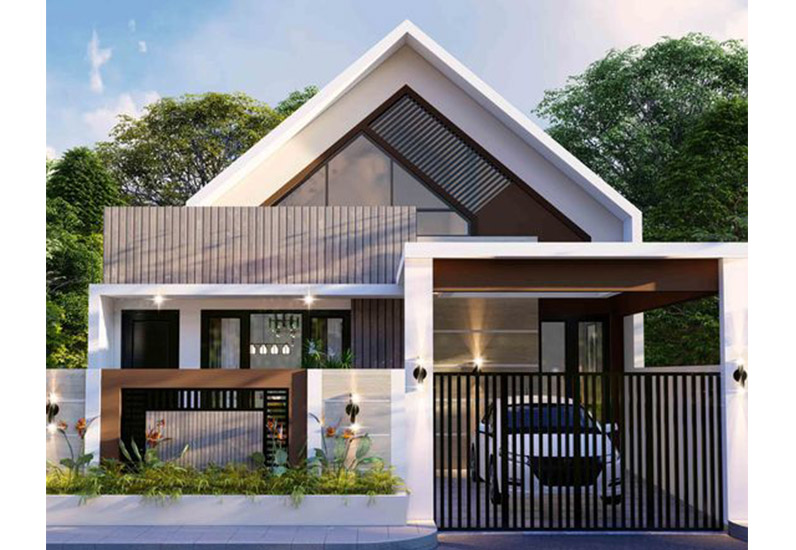 Nhà cấp 4 thiết kế hiện đại với mái dốc, sân vườn và gara, nổi bật với kiến trúc đặc sắc.