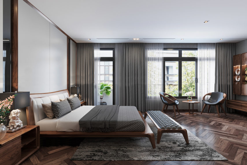 Không gian ngủ rộng rãi với giường gỗ, cửa sổ lớn và ánh sáng tự nhiên, phong cách trang trí hiện đại.