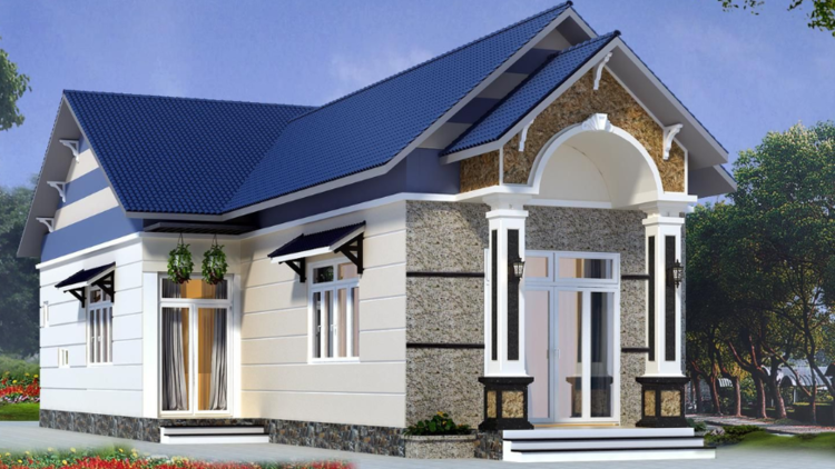 Nhà cấp 4 mái Thái hiện đại, tông màu trang nhã, xung quanh là cây xanh và hoa, lý tưởng cho gia đình nhỏ.