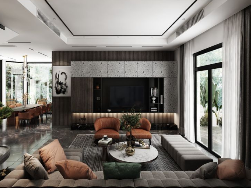 Phòng khách hiện đại với nội thất cao cấp, sofa nâu, bàn tròn, cửa sổ lớn và cây xanh.