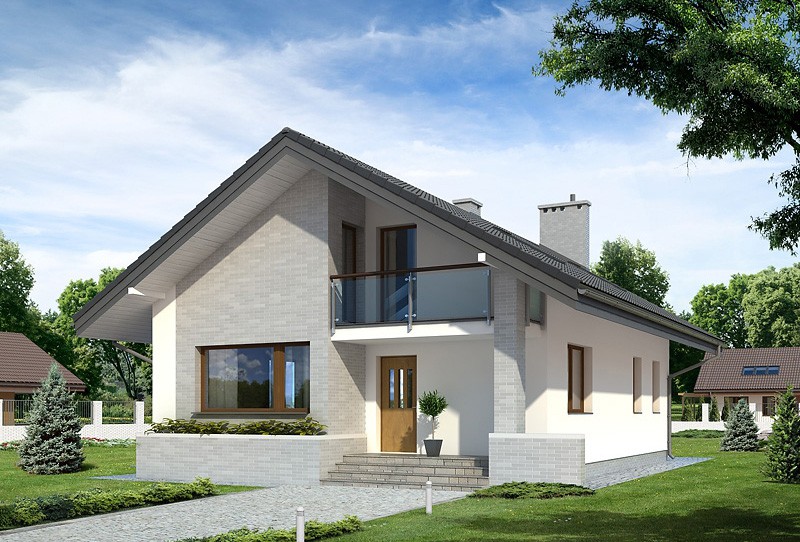 Ngôi nhà một tầng hiện đại có mái dốc, sân vườn rộng rãi, cây xanh tươi tốt bao quanh, thiết kế thoáng đạt với ánh sáng tự nhiên.