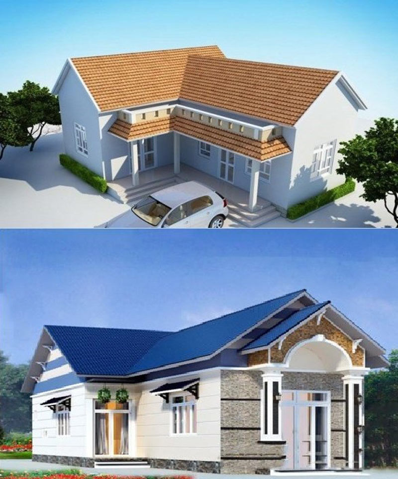 Nhà một tầng với mái gạch đỏ và mái xanh, thiết kế hiện đại, có xe đậu phía trước.