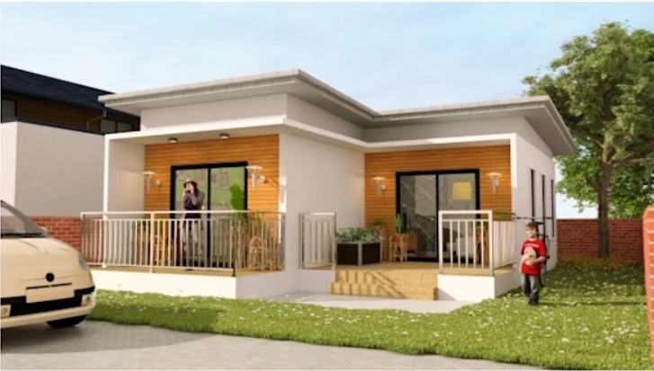 Ngôi nhà cấp 4 hiện đại với hiên rộng, cửa kính, sân vườn xanh mát và cây cối bao quanh.