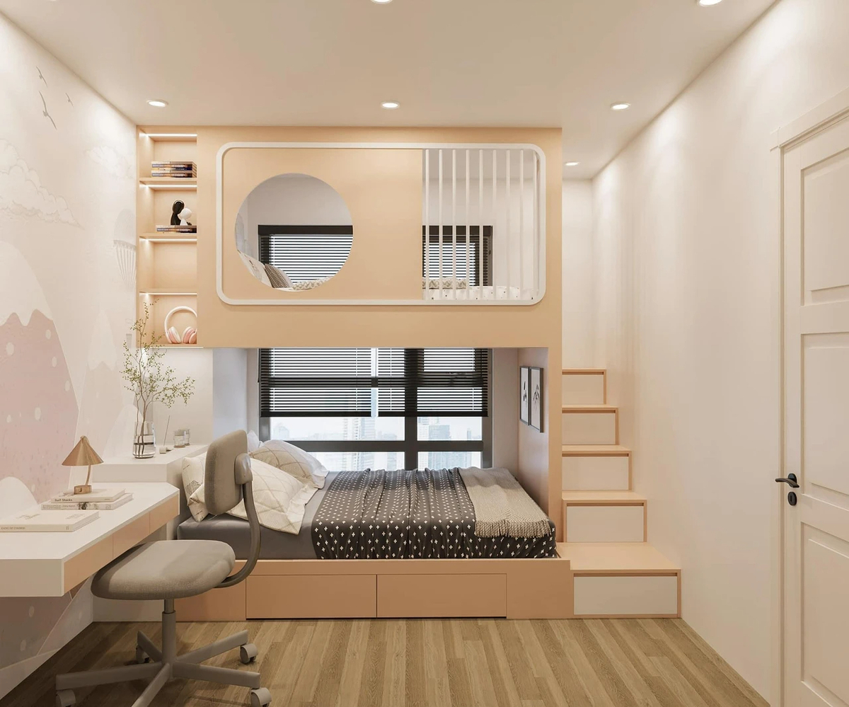 Phòng ngủ gác xép với thiết kế hiện đại, gồm giường tầng, bàn làm việc và cầu thang gỗ sáng màu.