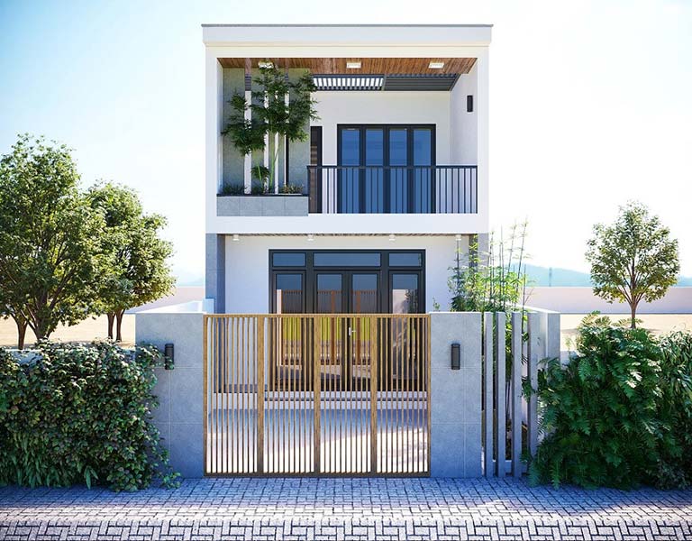 Nhà phố hai tầng hiện đại với cổng gỗ và cây xanh.