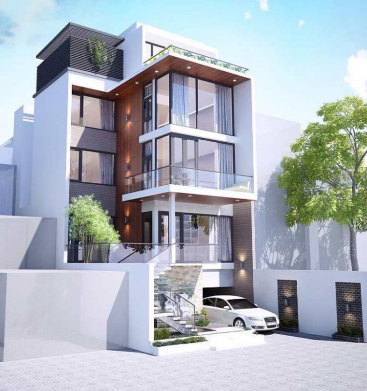 Ngôi nhà hiện đại với cửa kính lớn, cây xanh và xe hơi đỗ trước cổng, thể hiện kiến trúc đương đại.