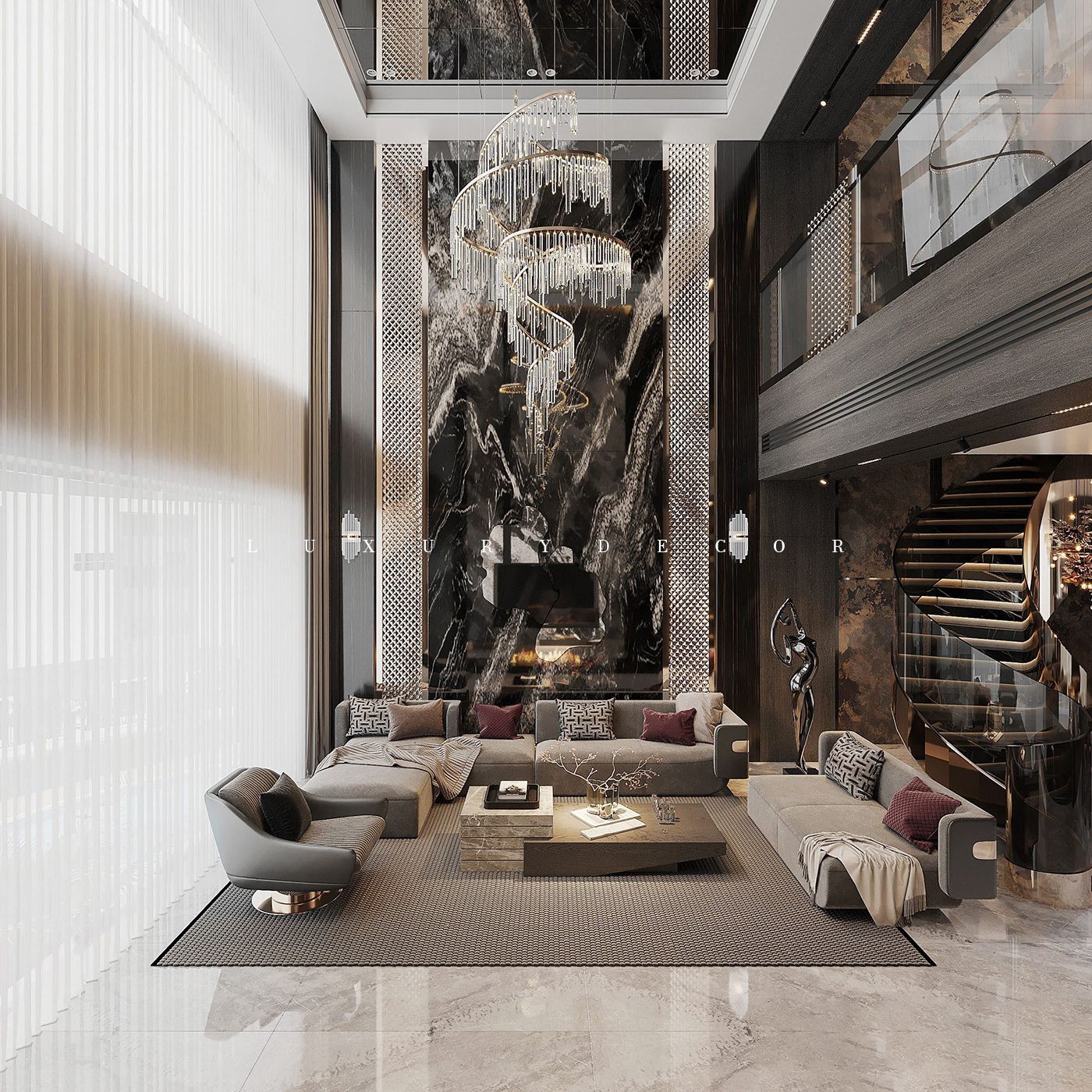 Phòng khách hiện đại với đèn chùm lộng lẫy và nội thất tinh tế.