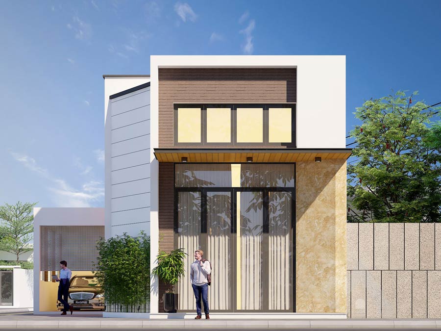 Nhà phố hiện đại với cửa kính lớn, cây xanh phía trước, trời xanh hài hòa dưới ánh sáng ban ngày.