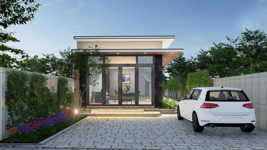 19-10-1 Nhà phố hiện đại mái bằng, sân lát gạch cùng ô tô trắng phía trước. Cảnh quan sáng và xanh.