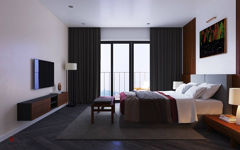 Phòng ngủ hiện đại với giường, tivi và đèn trang trí, cửa sổ rộng có rèm đen, nội thất từ gỗ mang lại cảm giác ấm áp.