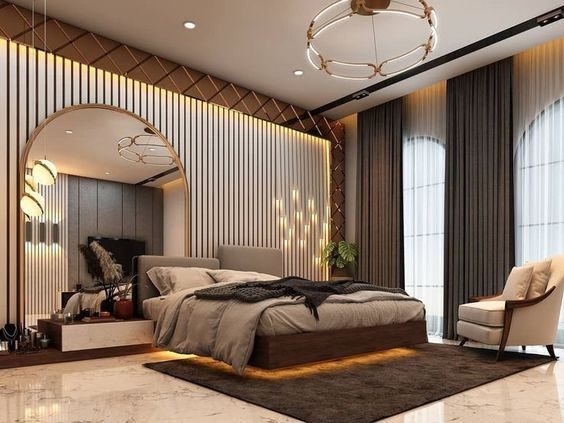 19-13 Phòng ngủ sang trọng với giường lớn, đèn trần hiện đại, trang trí tinh tế và ánh sáng tự nhiên.