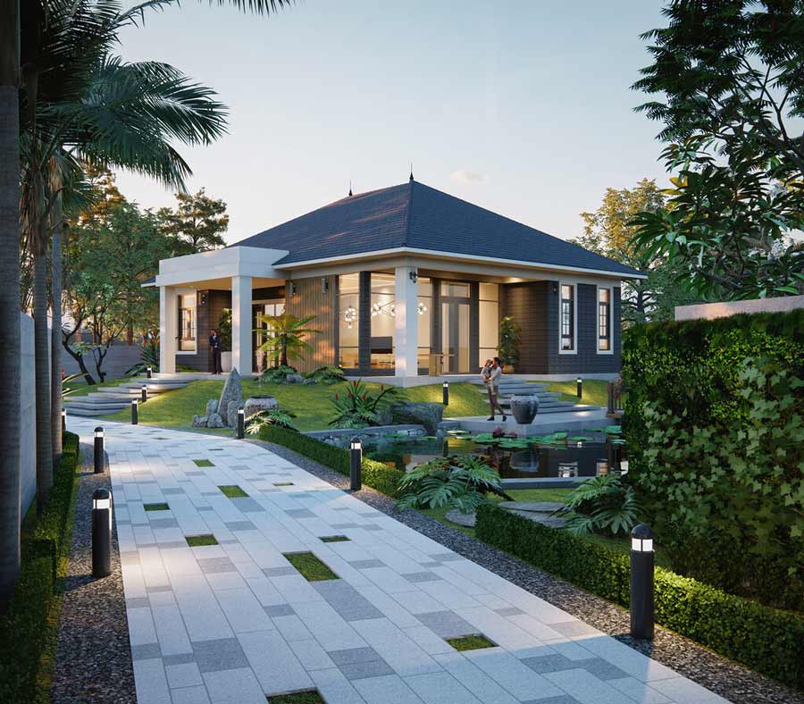 Nhà vườn hiện đại với sân cỏ xanh và ao sen, lối đi lát đá và đèn sáng trong khung cảnh bình yên.