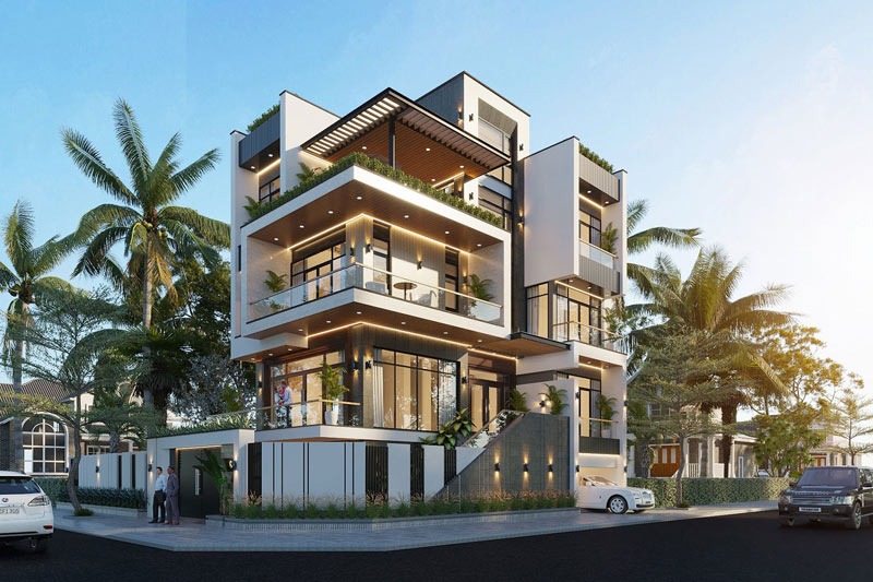 Biệt thự hiện đại bốn tầng với kiến trúc sang trọng, cây cối xanh mát bao quanh.
