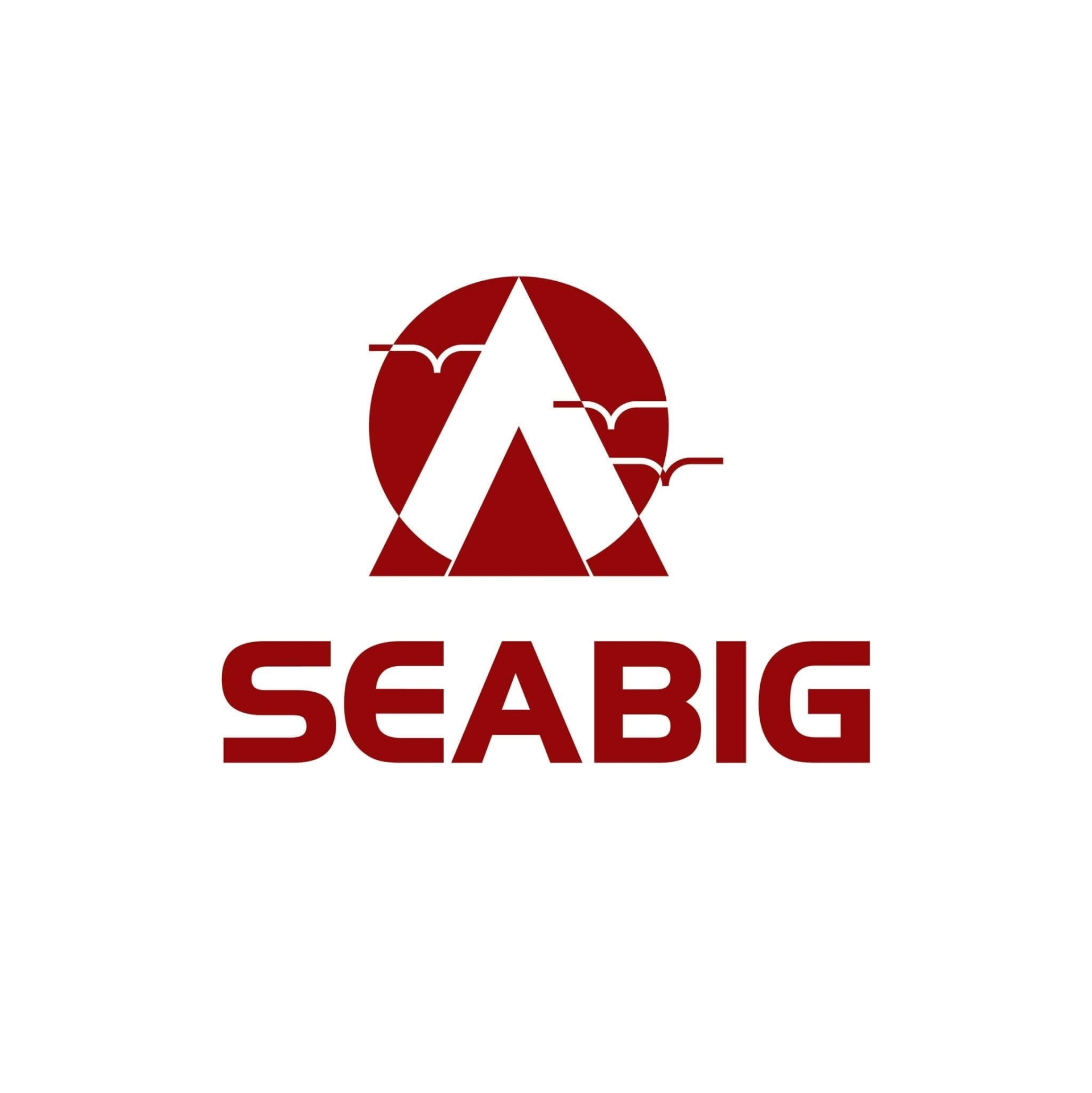 Logo SEABIG màu đỏ, thiết kế hình tam giác và chim bay trước mặt trời.
