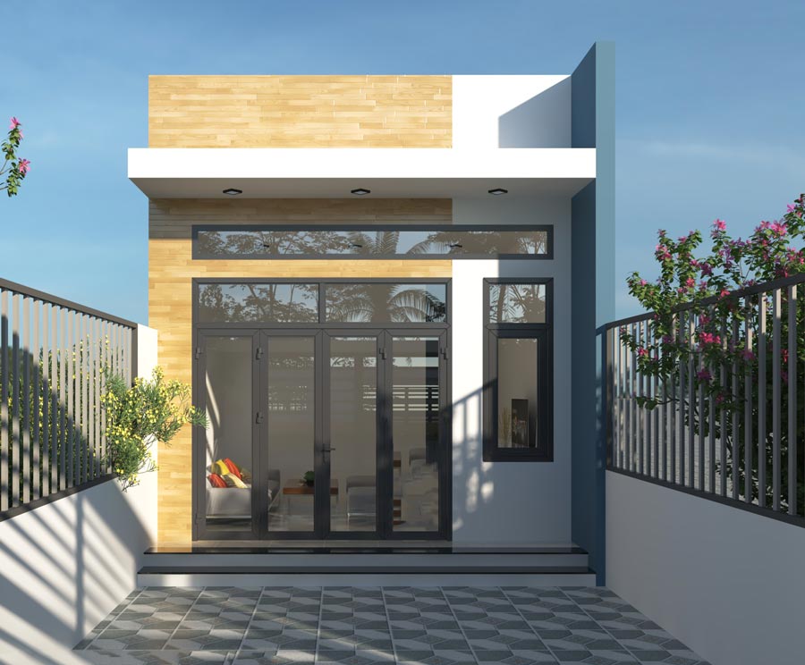 2-10-1 Nhà cấp 4 hiện đại với cửa kính lớn, mái bằng, tường ốp gỗ và sân gạch, bao quanh bởi hàng rào kim loại và cây xanh.