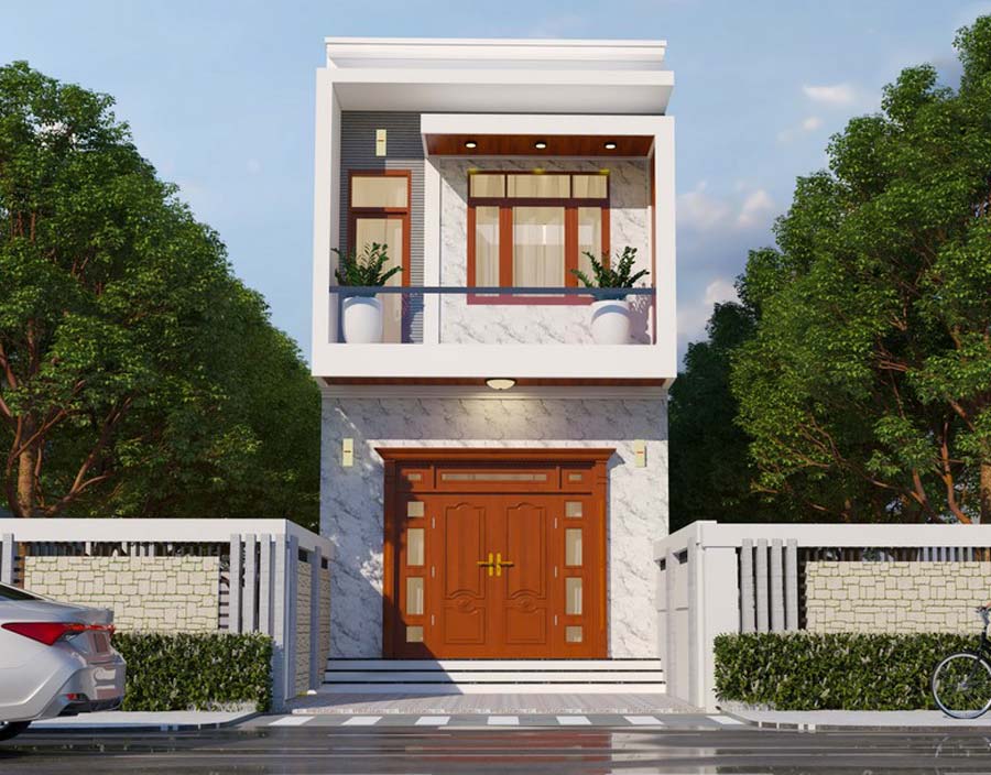 Nhà phố hiện đại 2 tầng với thiết kế mái bằng, cửa gỗ, và ban công cây xanh.