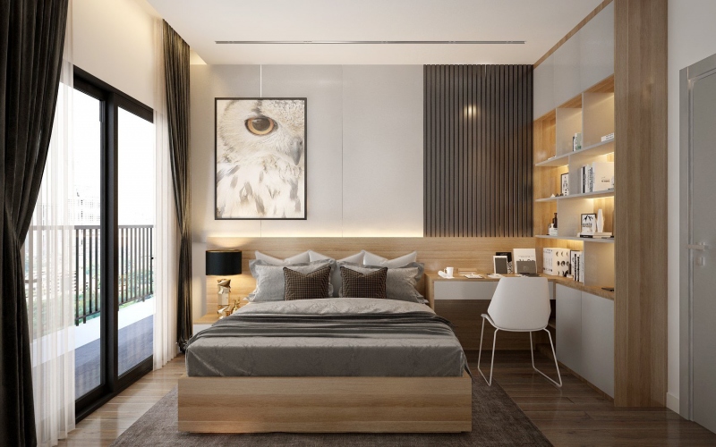 Phòng ngủ hiện đại với giường gỗ, trang trí tranh cú, cửa sổ lớn và bàn làm việc, tạo không gian ấm cúng.