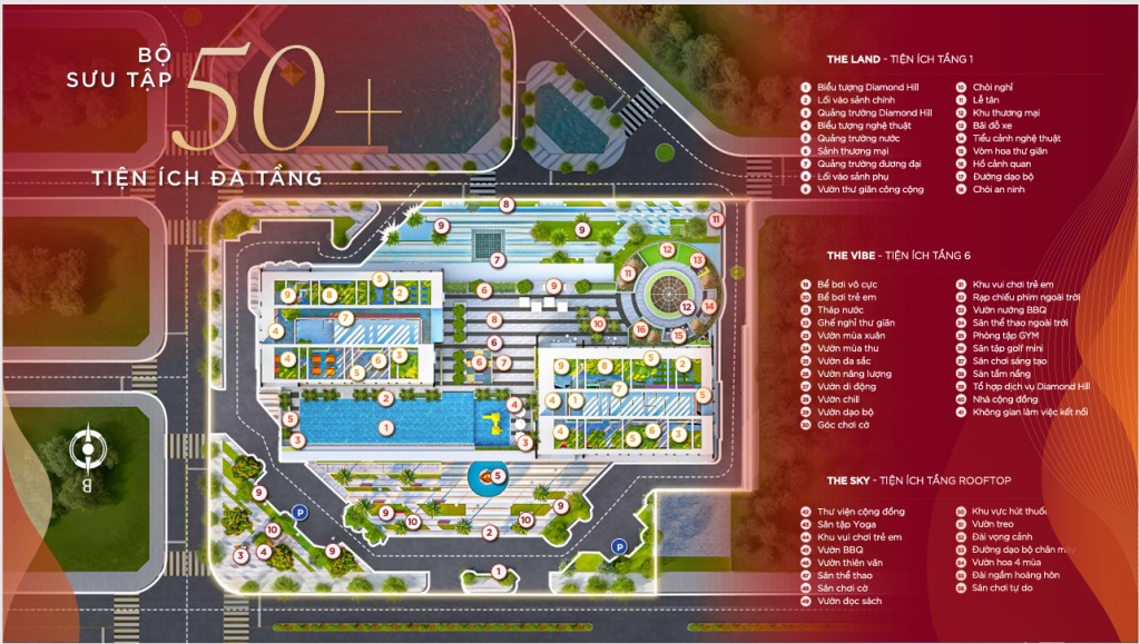 2-2-2 Bản đồ tiện ích Diamond Hill với hơn 50 tiện ích đẳng cấp gồm hồ bơi, khu vui chơi, rạp phim và hơn thế nữa.