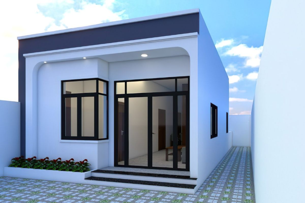 Nhà cấp 4 hiện đại với cửa kính lớn, tông màu trắng xanh và hành lang lát gạch hoa văn.