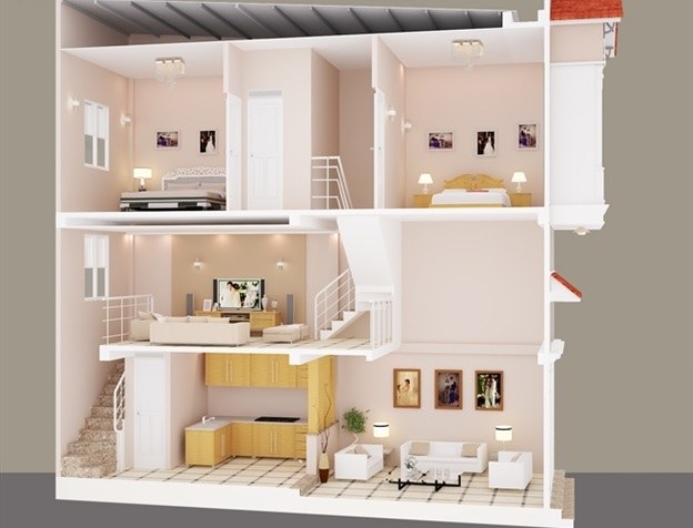 Ngôi nhà ba tầng hiện đại với nội thất sang trọng, không gian phòng khách, bếp và phòng ngủ tiện ích.