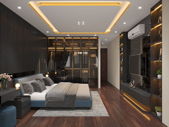 Phòng ngủ theo phong cách hiện đại, giường cỡ lớn, ánh sáng dịu nhẹ, tường gỗ và tủ kính sang trọng.