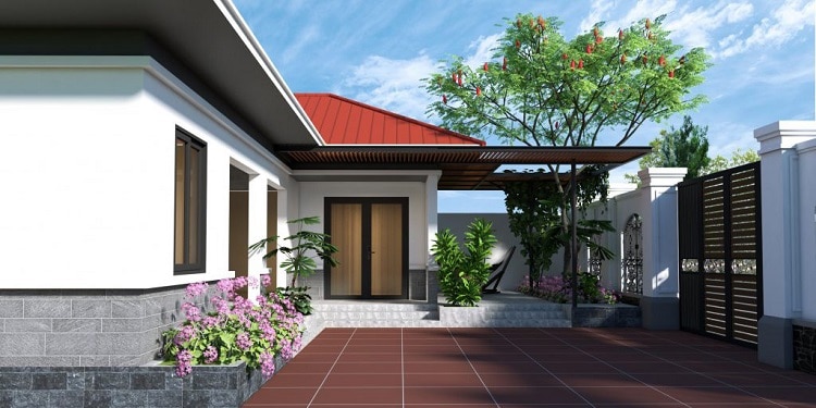 Nhà cấp 4 mái ngói đỏ, sân gạch, cây xanh, cổng lớn, thiết kế hiện đại.