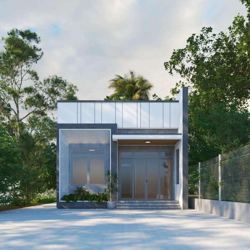 Ngôi nhà một tầng hiện đại với sân rộng, bao quanh bởi cây xanh tươi tốt, kiến trúc tiện nghi và đơn giản.