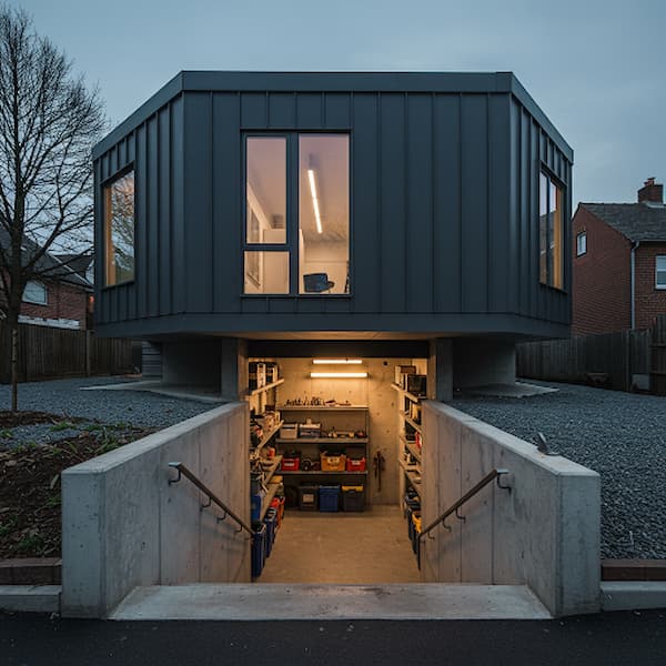 Ngôi nhà hiện đại với garage dưới lòng đất và cửa sổ kính lớn, thiết kế tối giản trong ánh sáng ban đêm.