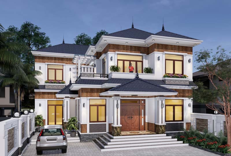 Biệt thự hai tầng với mái ngói xanh, cửa sổ lớn và sân rộng, thiết kế hiện đại thoáng mát.