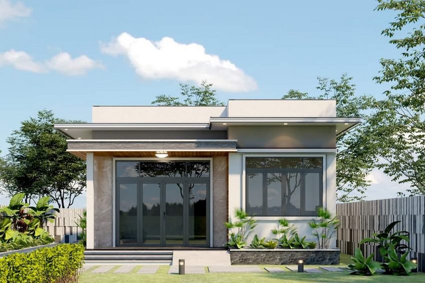 Ngôi nhà cấp 4 hiện đại với sân vườn rộng rãi, cửa kính lớn và cây xanh bao quanh, nền trời xanh ngắt, ánh sáng tự nhiên lan tỏa.