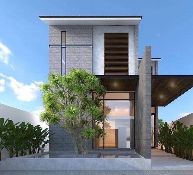 Ngôi nhà hiện đại với thiết kế đơn giản, cây xanh phía trước và bầu trời trong xanh.