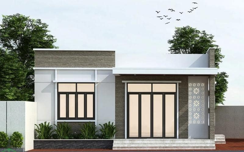 21-2-1 Nhà cấp 4 hiện đại với cửa kính lớn, cây xanh bao quanh, bầu trời thoáng đãng và chim bay lượn.