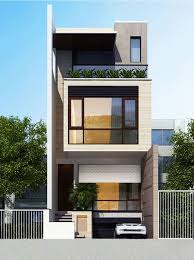 Nhà phố hiện đại ba tầng, thiết kế tối giản với cửa kính lớn và cây xanh trên sân thượng.