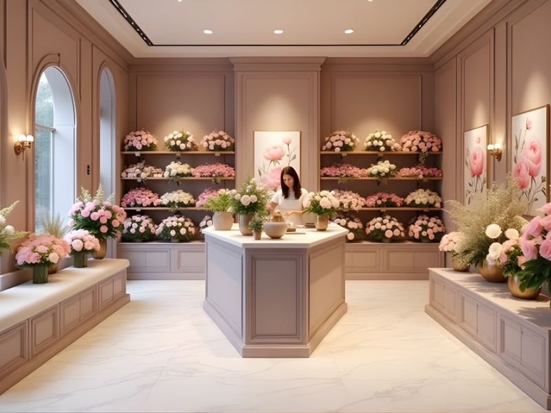 Cửa hàng hoa sang trọng với hoa màu hồng và trắng, người phụ nữ đứng ở quầy gỗ, trang trí tinh tế và ấm cúng.