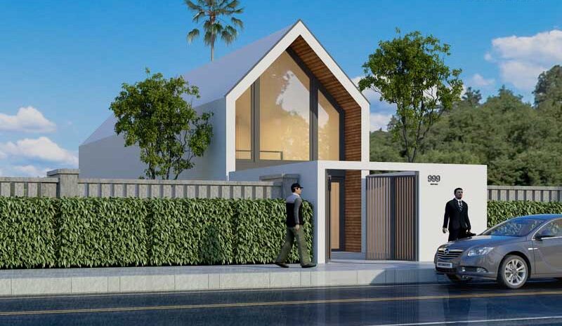 Ngôi nhà hiện đại với mặt tiền kính, bao quanh là cây xanh, xe hơi đỗ ngay trước cổng, hai người đàn ông đang đi bộ.